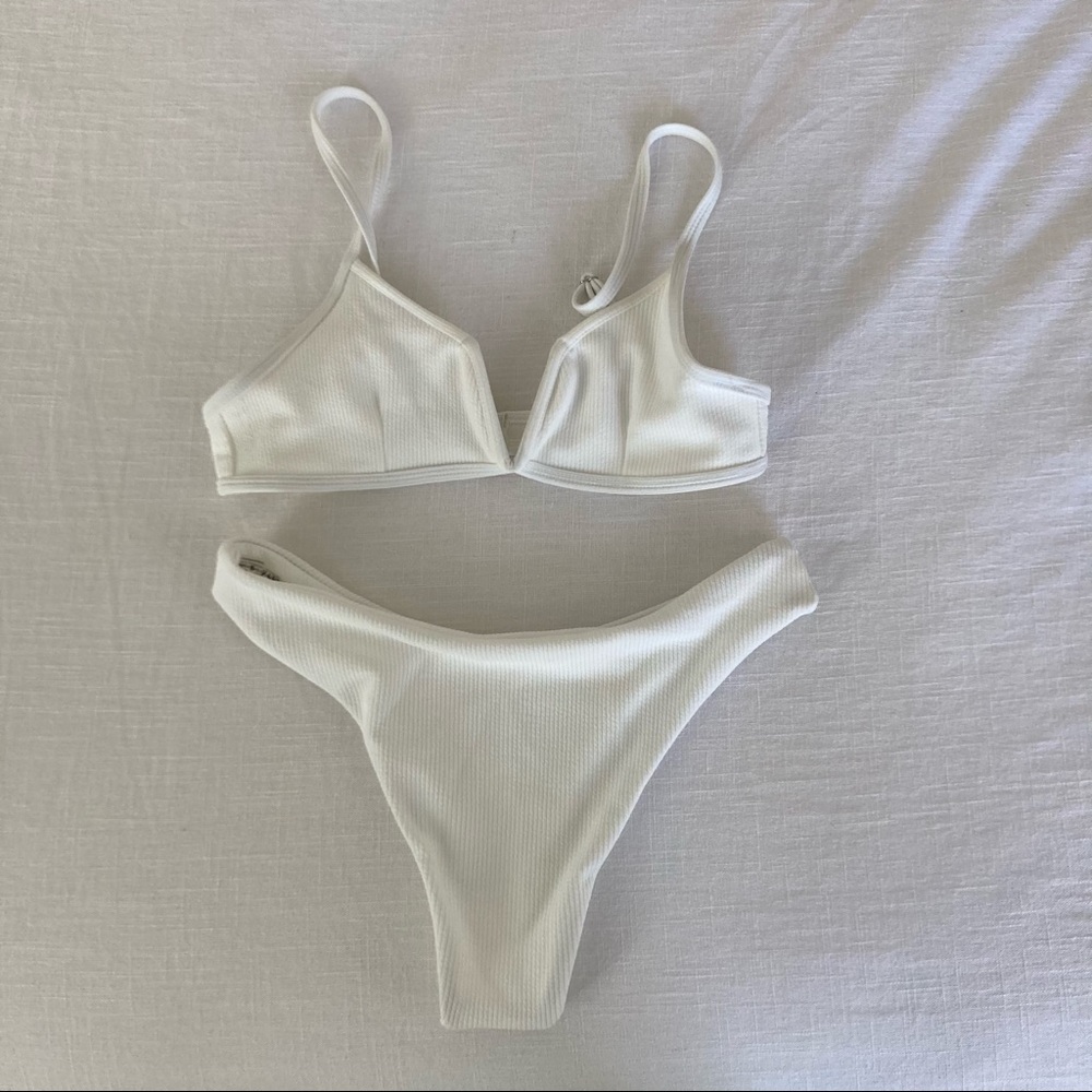 White ribbed v-neck high cut bikini
